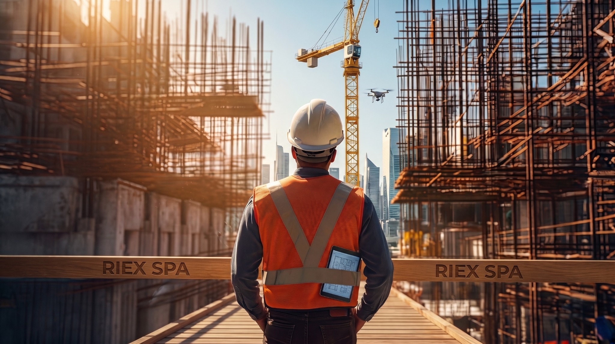 Profesional supervisando una obra de construcción con grúa, dron y estructuras metálicas