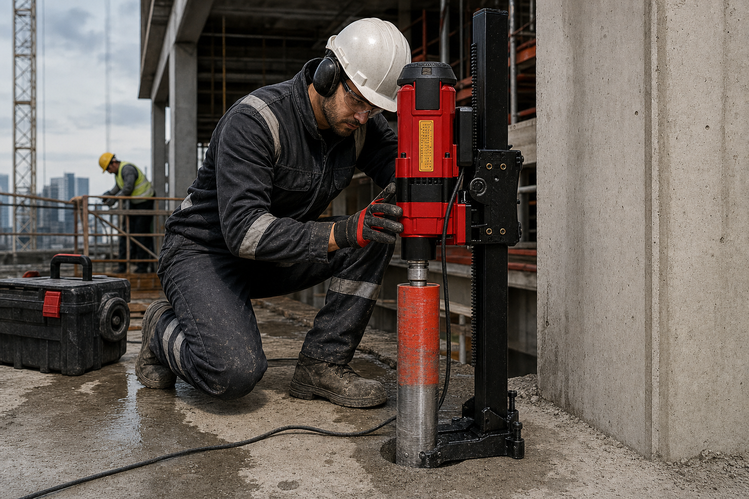 Perforadora profesional trabajando en una obra de construcción